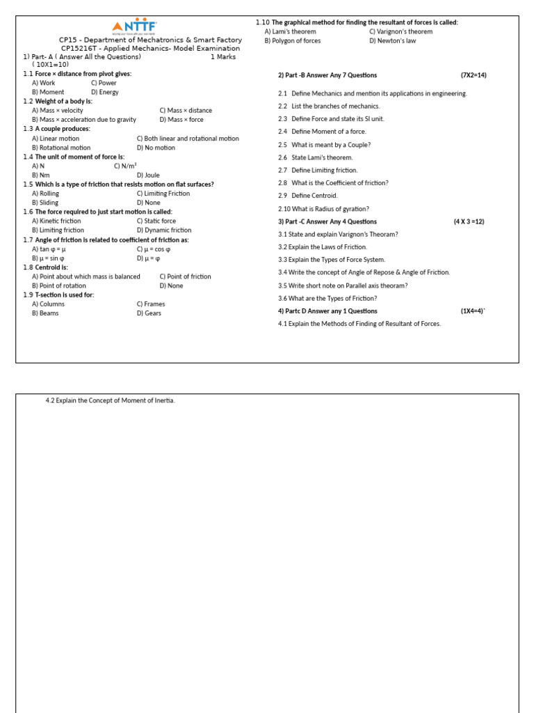 Applied Mechanics Model Question Paper | PDF | Friction | Force