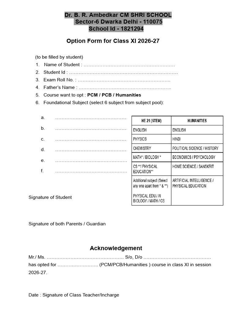 Option Form For Class XI | PDF