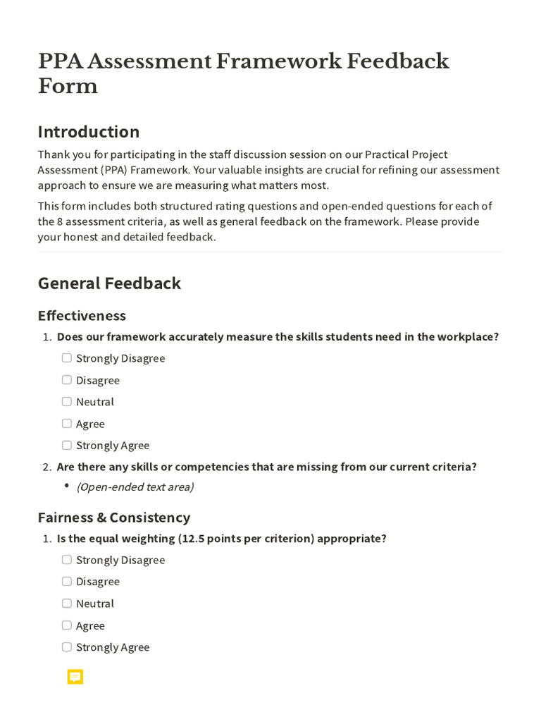 NB PPA Assessment Framework Feedback Formpdf | PDF