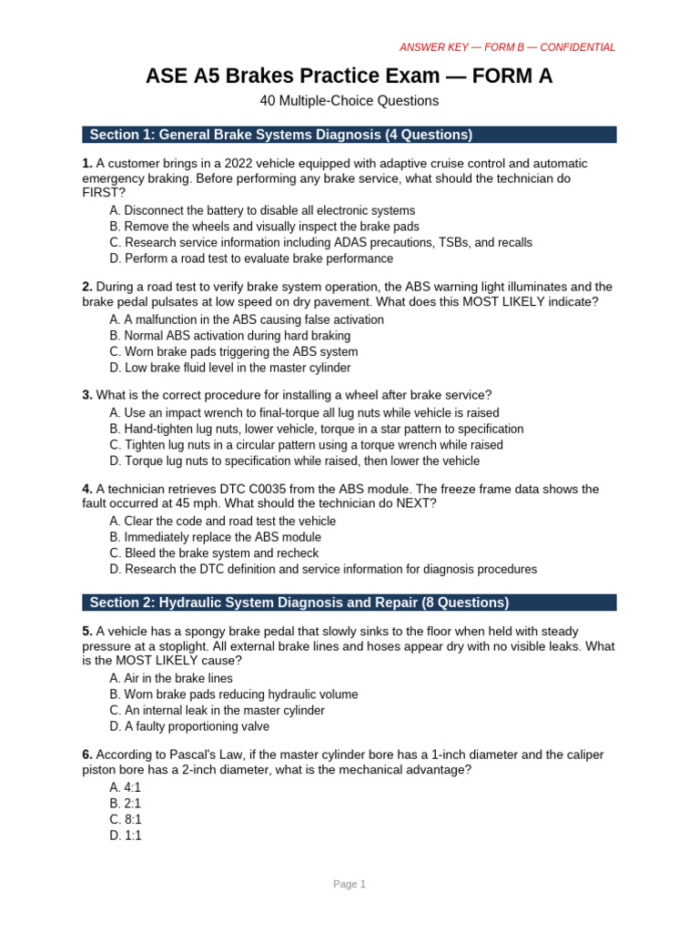 ASE - A5 - Brakes - Mock - Exams - Form A | PDF | Brake | Anti Lock ...