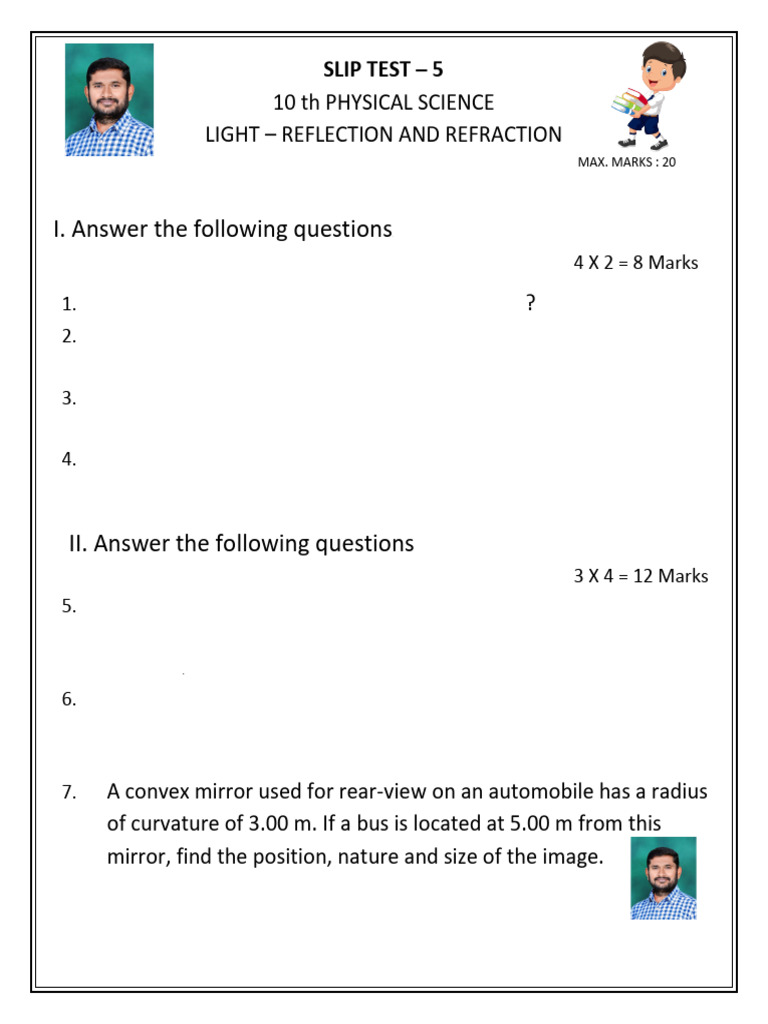 Slip Test 5 (Light - Reflection and Refraction) | PDF