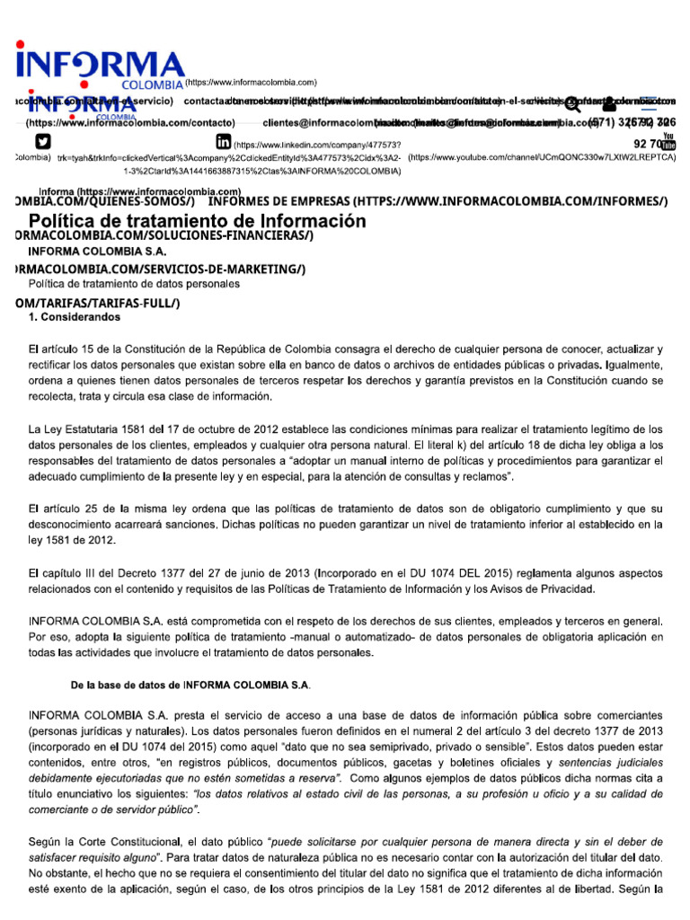 Informa Política de Tratamiento de Información - Informa | PDF