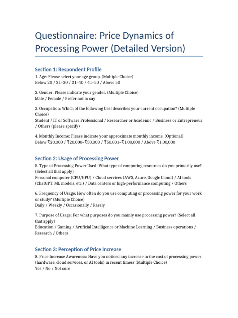 Pricing of Procession Power Questionnaire Sample | PDF | Cloud ...