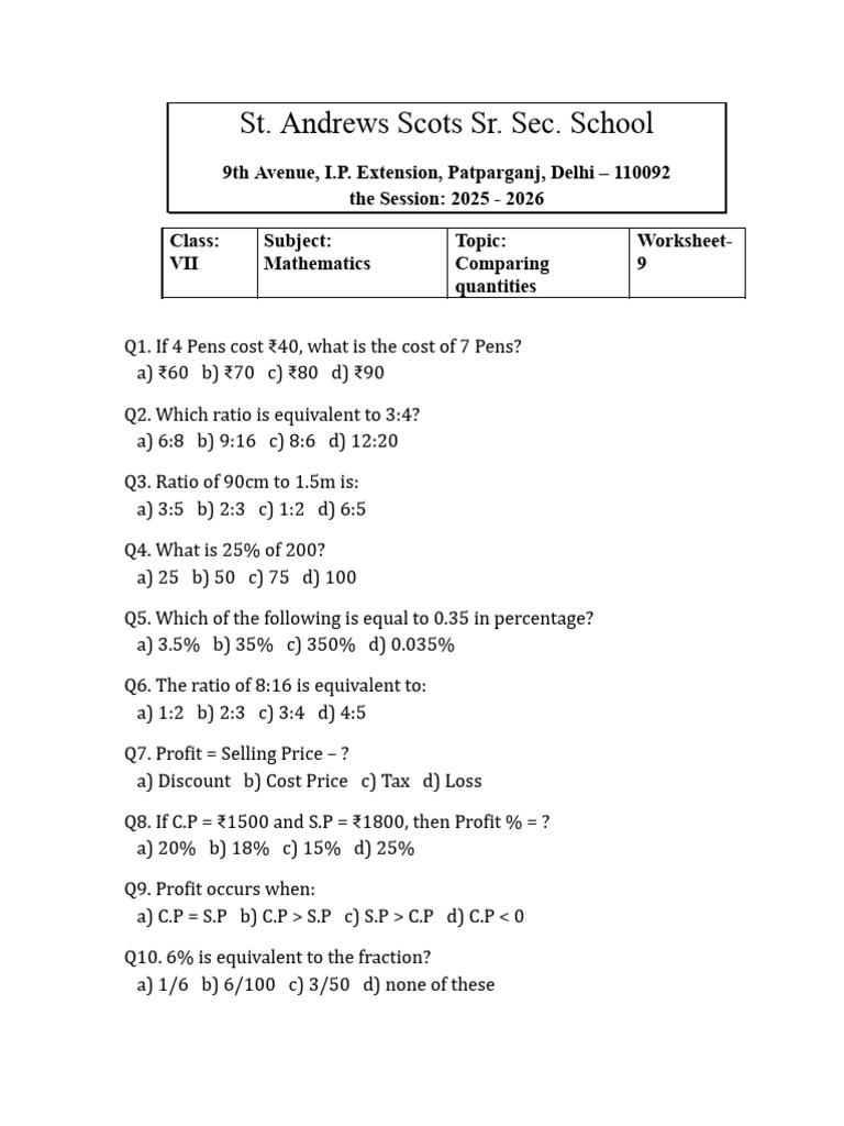 VII Maths - Comparing Quantities Worksheet-9 2025 | PDF