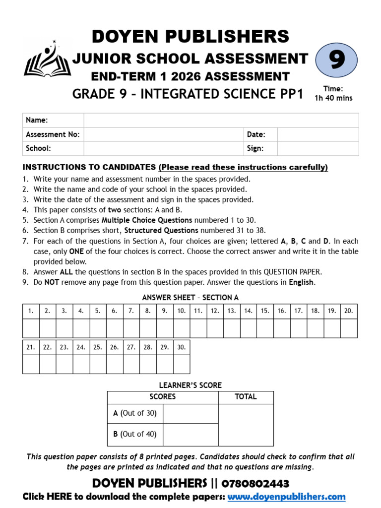 Grade 9 Integrated Science PP1 End-Term I 2026 Assessment | PDF ...