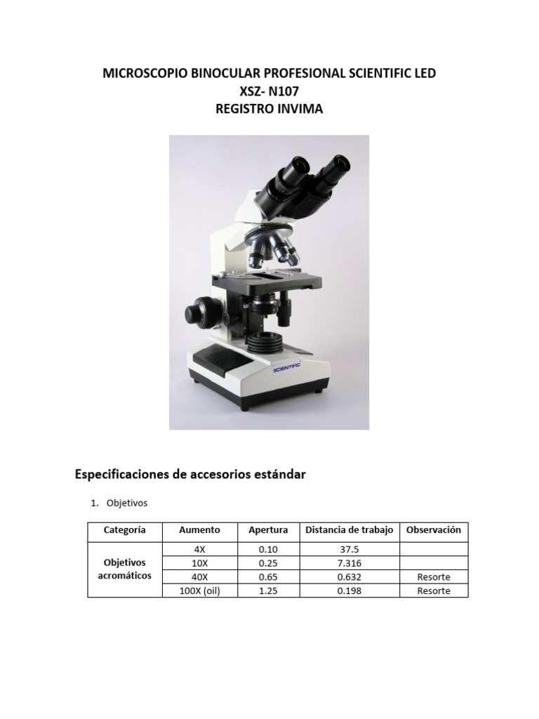 Ficha Técnica Microscopio Binocular Profesional Scientific Xsz-n107 | PDF