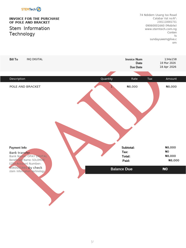 Payment Invoice For Purchase of Pole and Bracket.... Stemtech | PDF