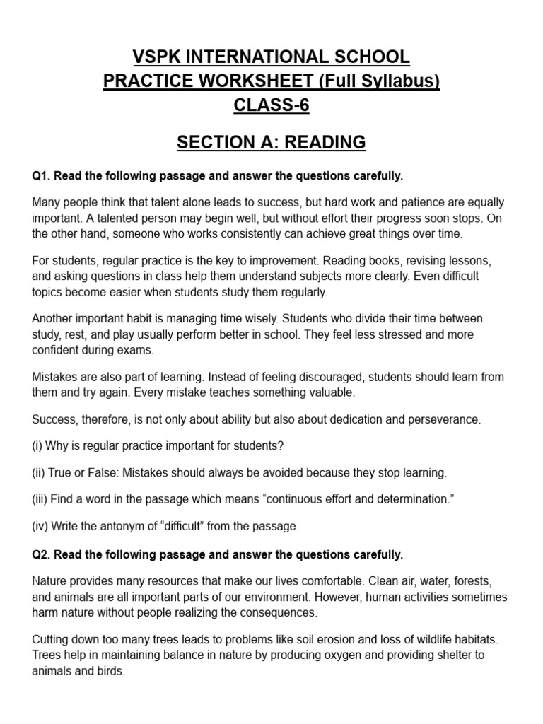 Final Practice Worksheet Class 6 | PDF