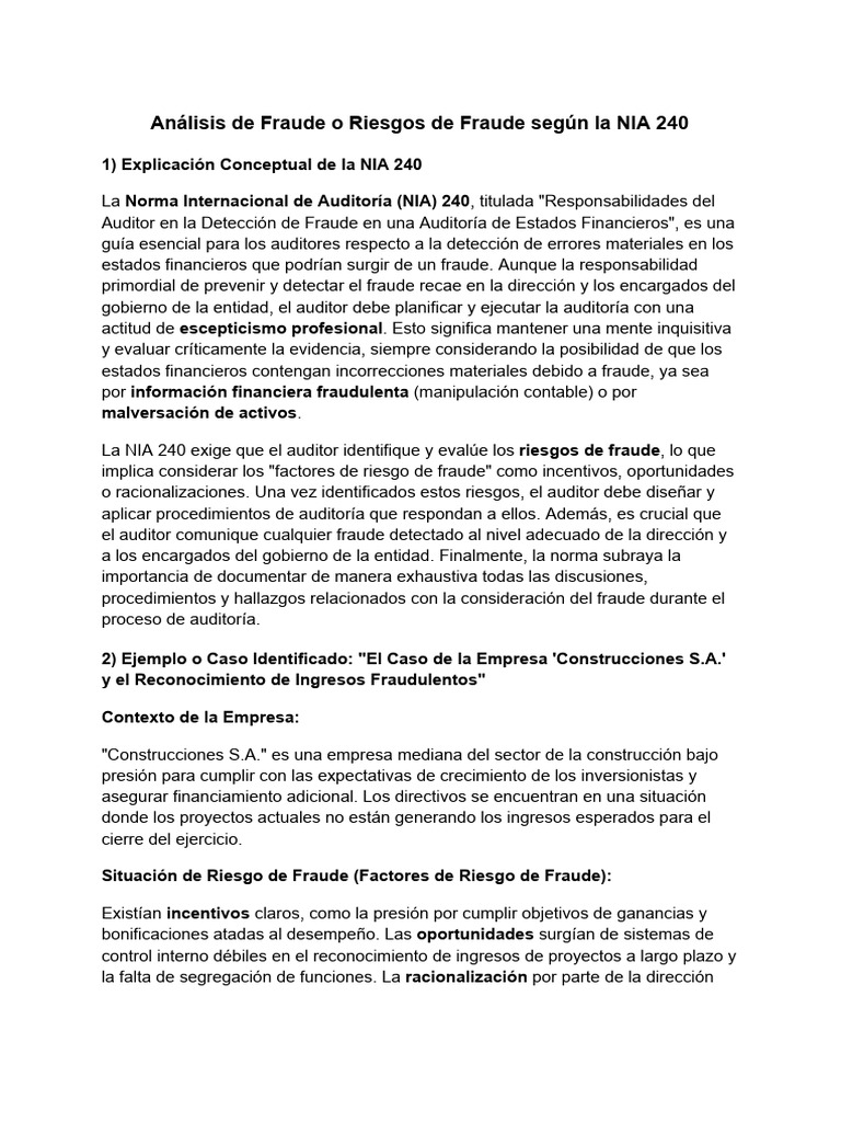Análisis de Fraude o Riesgos de Fraude Según La NIA 240 | PDF ...