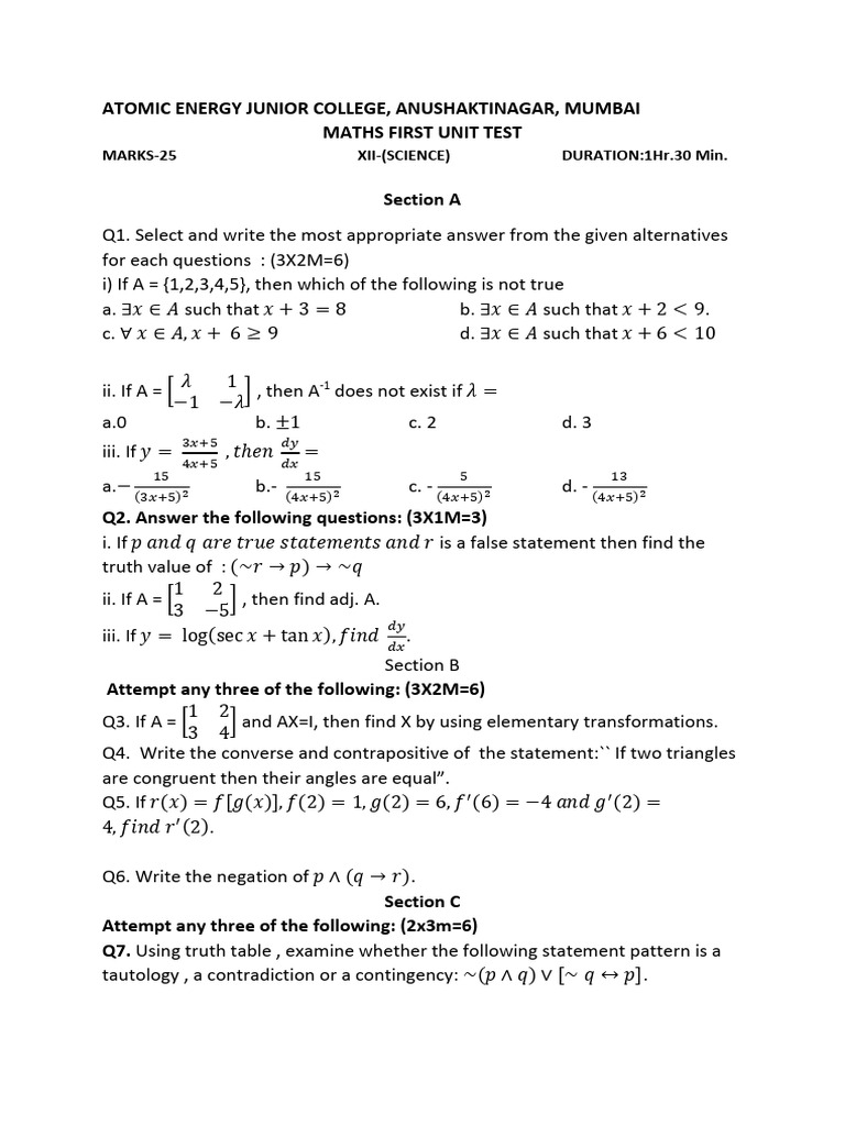 Xii Ut1 (21 22) Maths (Science) | PDF