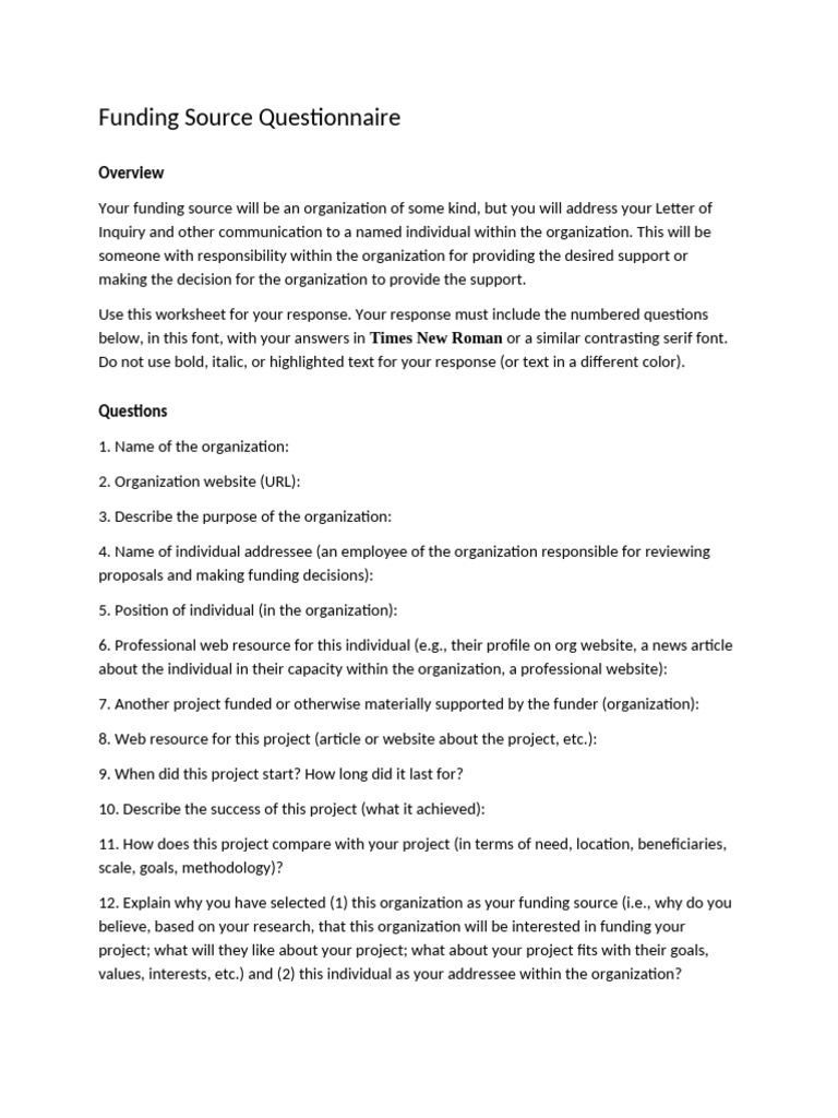 Funding Source Questionnaire | PDF
