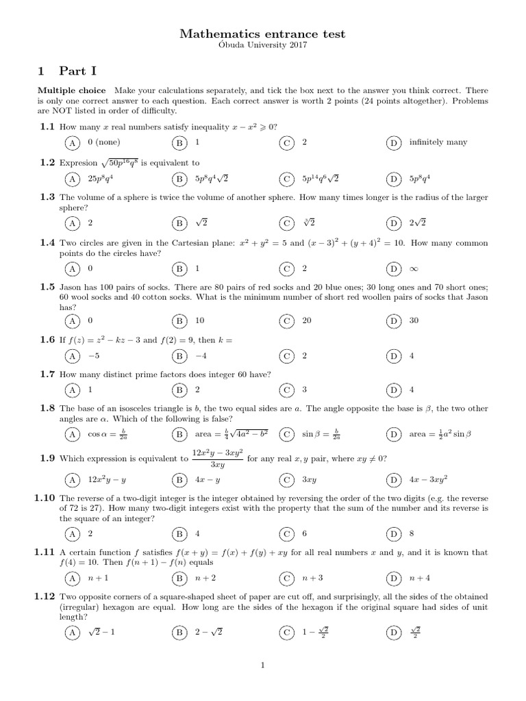 Mathematics Entrance Test Obuda University 2017 | PDF