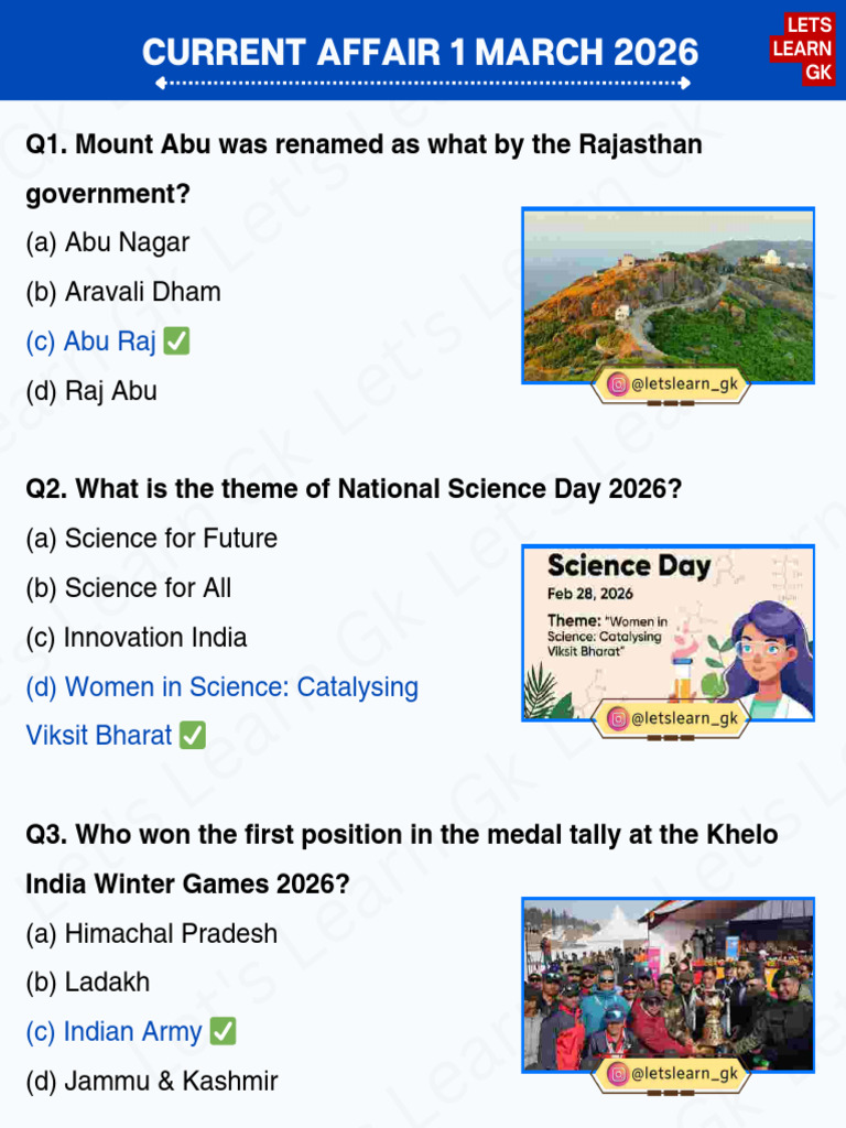 Current Affairs 1 March 2026 | PDF