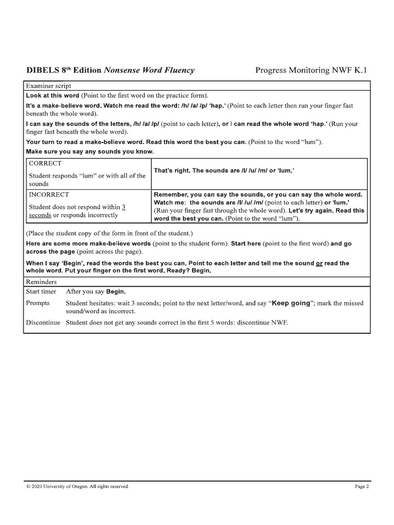 DIBELS 8th Edition Nonsense Word Fluency - Pages - 2 - and - 3 | PDF