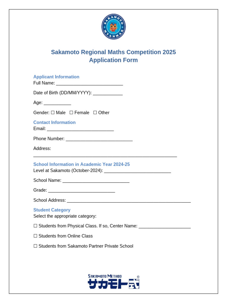 Sakamoto Regional Maths Competition Application Form | PDF