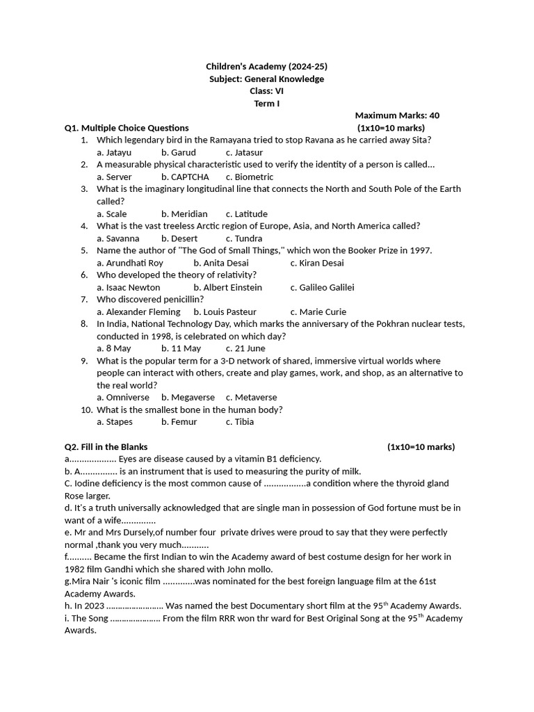GK 6 CLASS AKANSHA SET-A | PDF