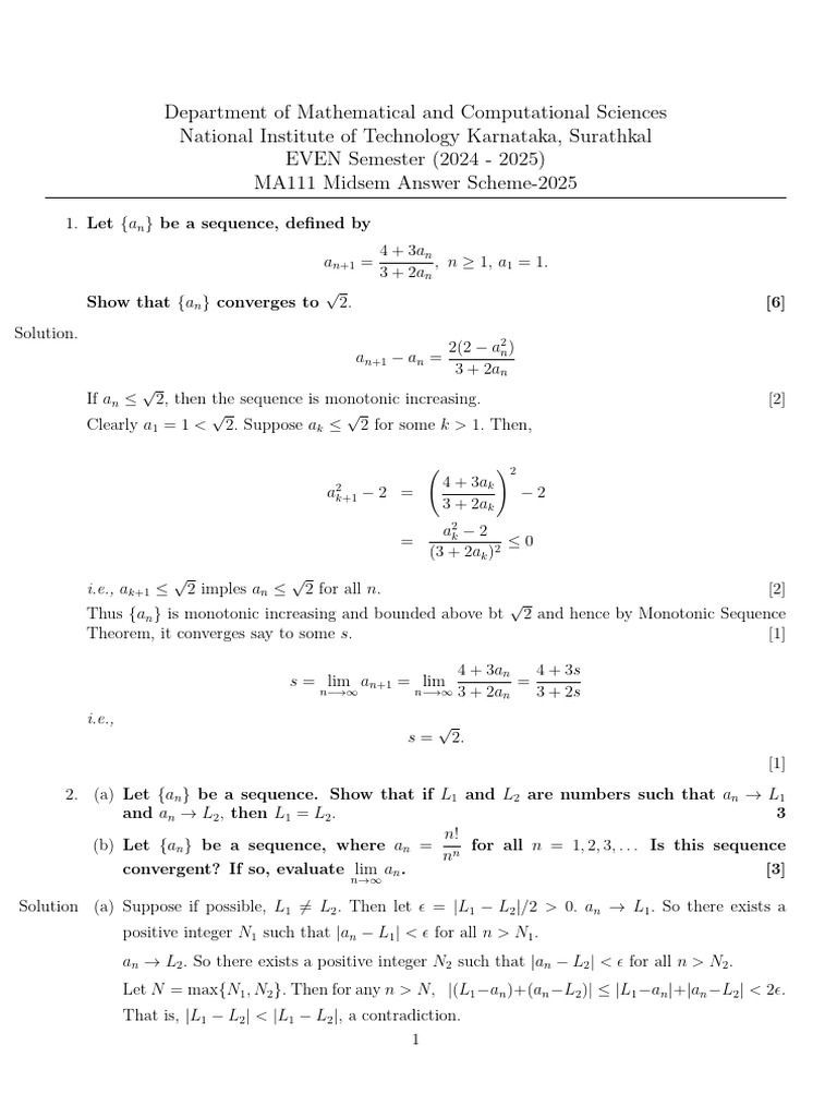 Maths Mid Sem Question Paper | PDF | Sequence | Mathematical Objects