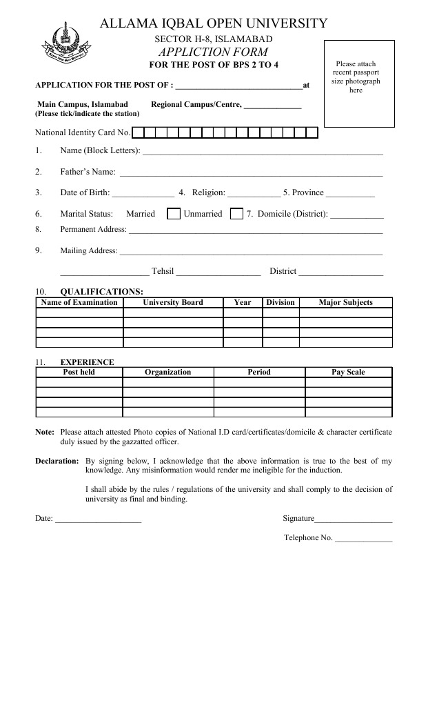BPS 2-4 Application Form AIOU | PDF | Identity Document | Government