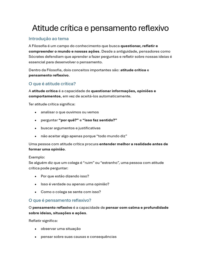 6 ANO Atitude Crítica e Pensamento Reflexivo | PDF | Pensamento ...