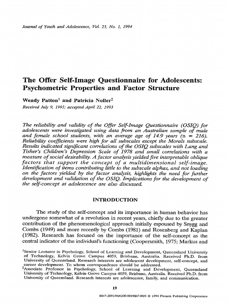 The Offer Self-Image Questionnaire For Adolescents: Psychometric ...