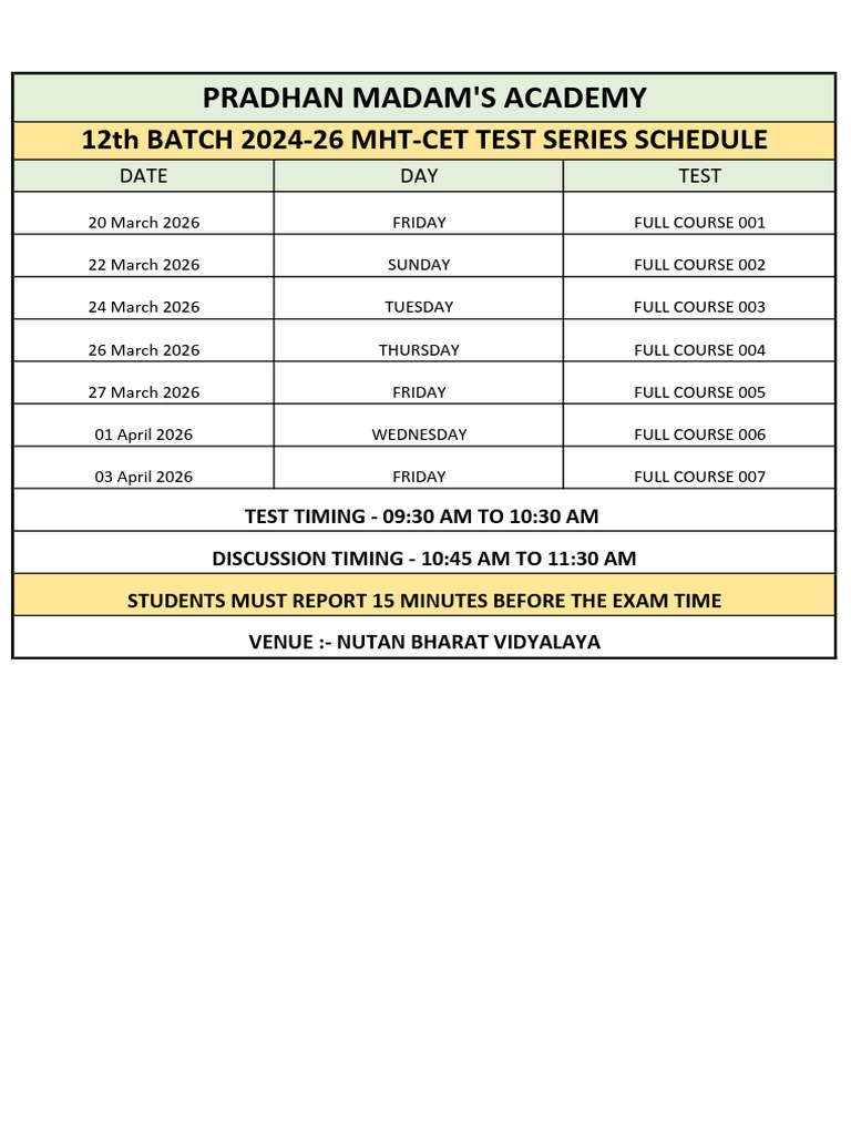 12th 2026 Mht-Cet Full Course Time Table (March) | PDF