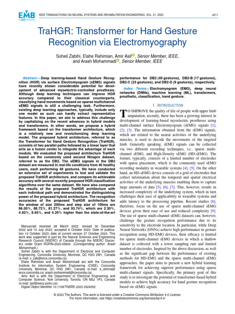TraHGR Transformer For Hand Gesture Recognition Via Electromyography ...