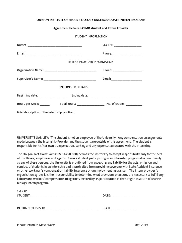 Oimb Undergrad Internship Program Agreement Form | PDF