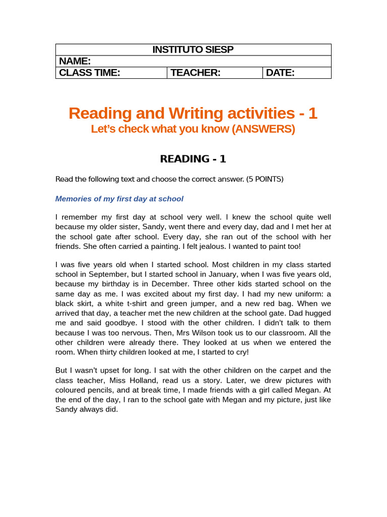 readind and writing activity - test ANSWER | PDF