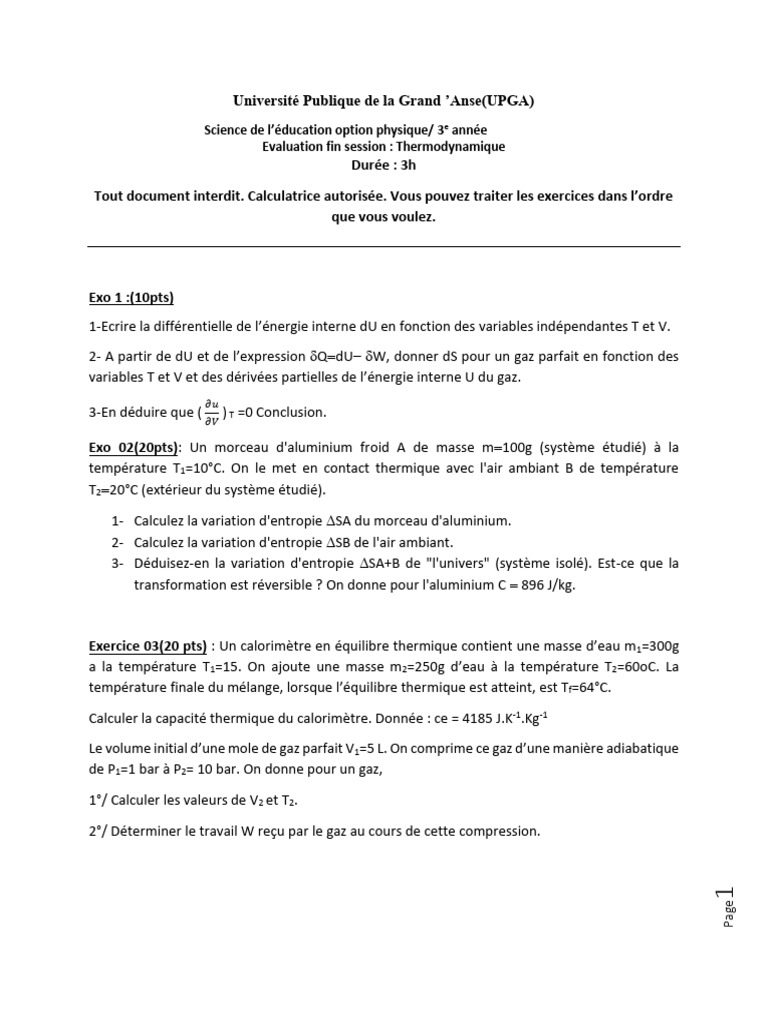 Examen Thermodynamique UPGA | PDF | Équilibre thermodynamique | Entropie