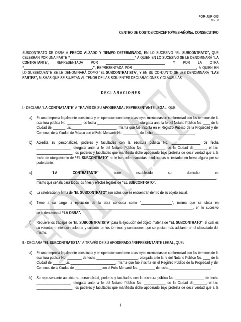 Formato de Subcontrato A Precio Alzado Ver. 9 | PDF