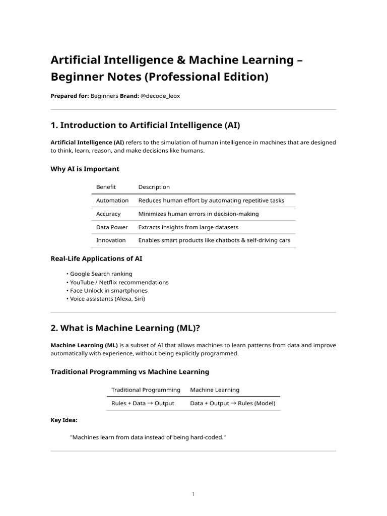 Ai & ML Beginner Notes - Professional Version @decode Leox 1 | PDF ...