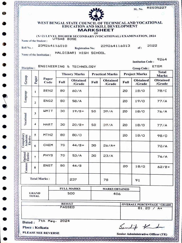 Hs Marksheet | PDF | Educational Stages | Schools