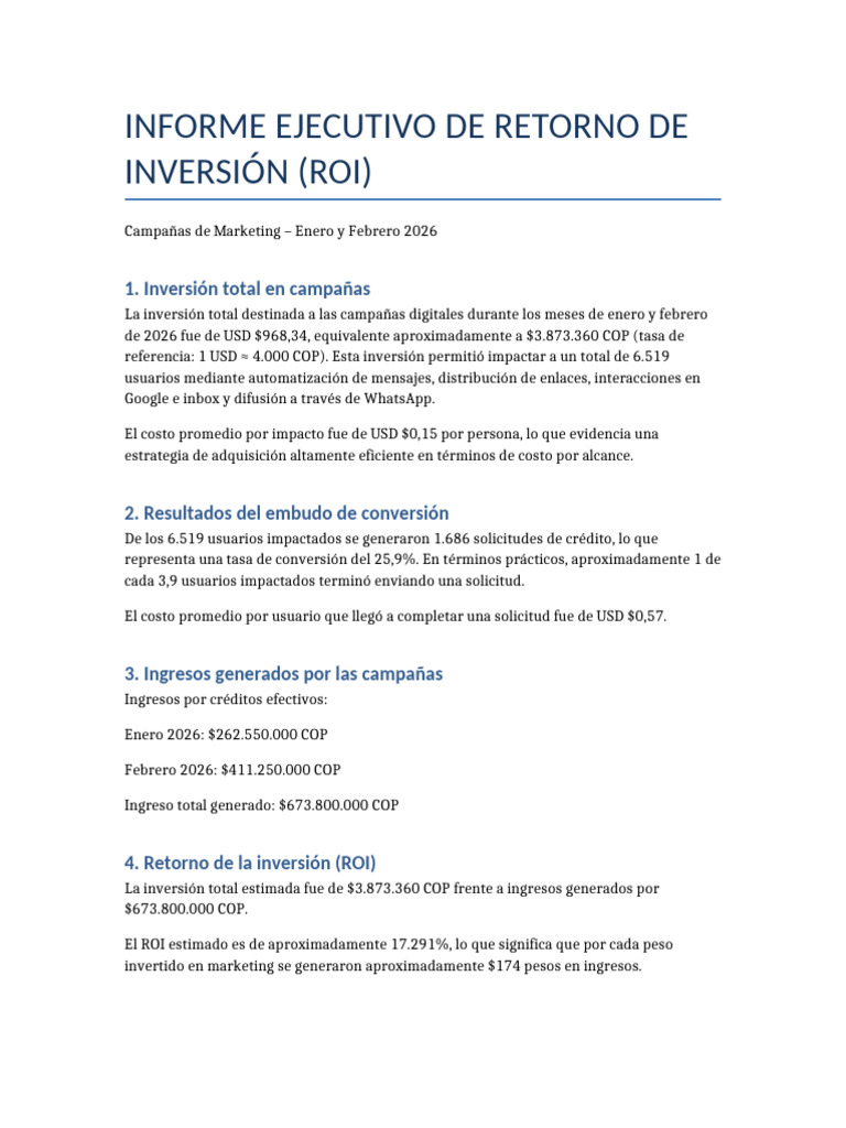 Informe Ejecutivo Roi Campanas 2026 | PDF | Economias