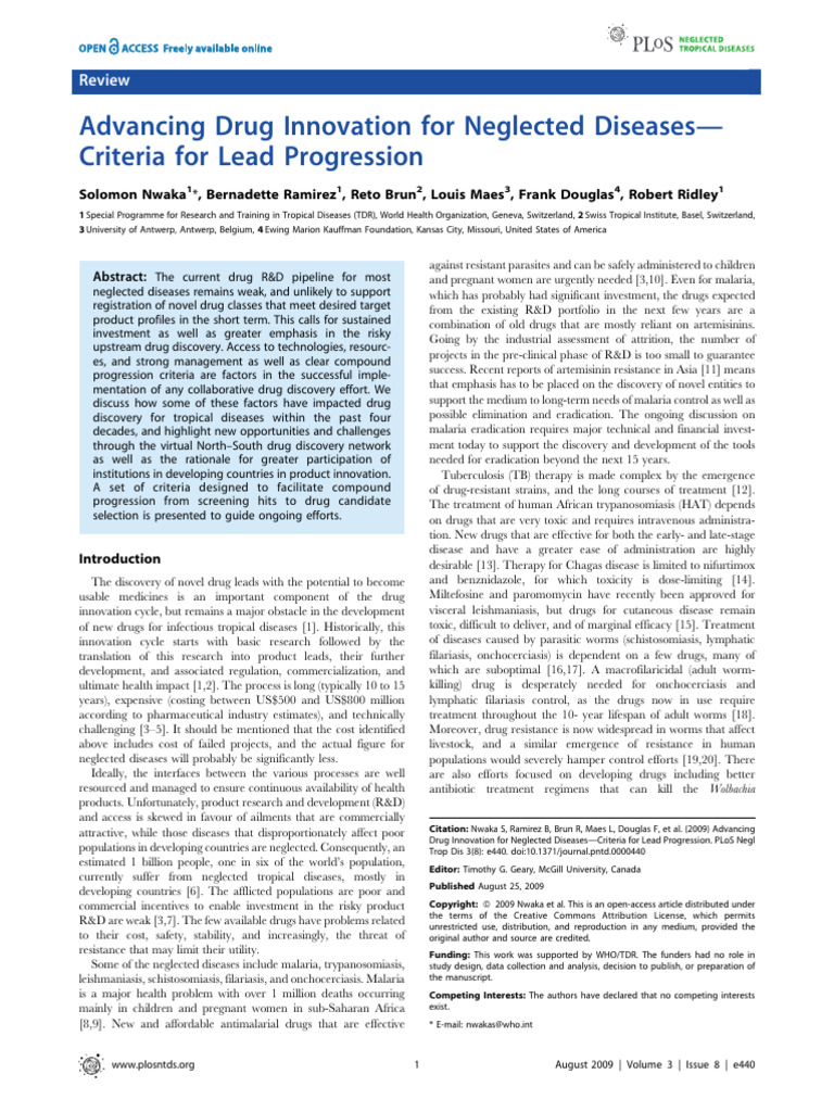 Advancing Drug Innovation For Neglected Diseases Criteria For Lead ...