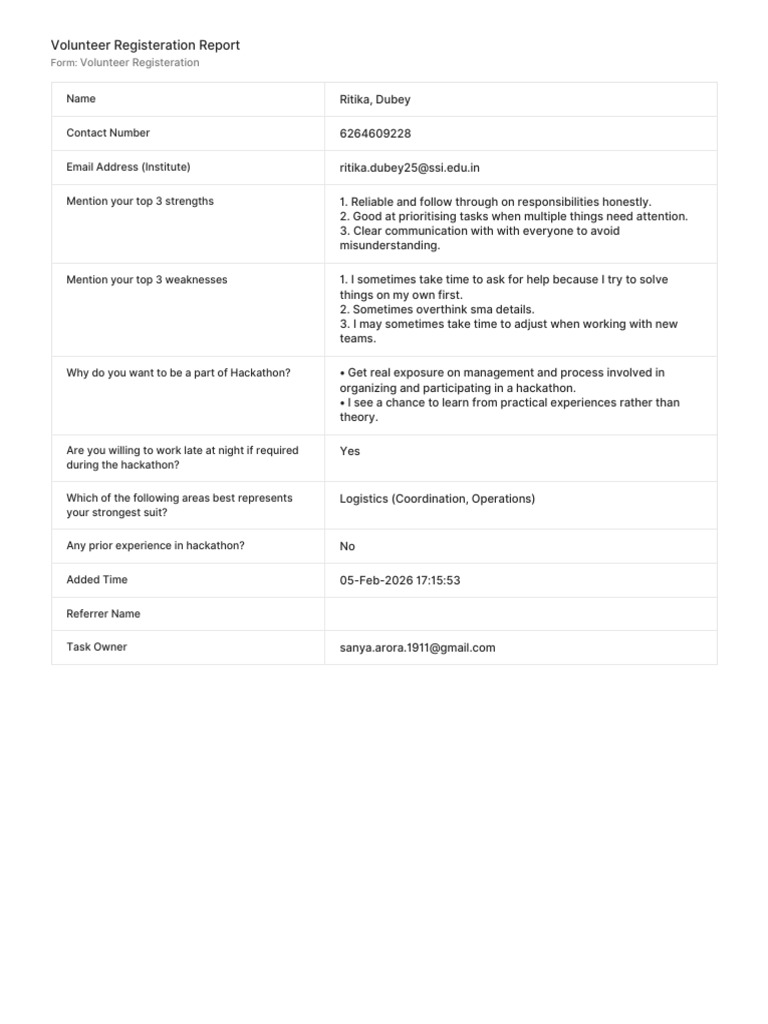 VolunteerRegisteration Report | PDF | Cognition | Psychology