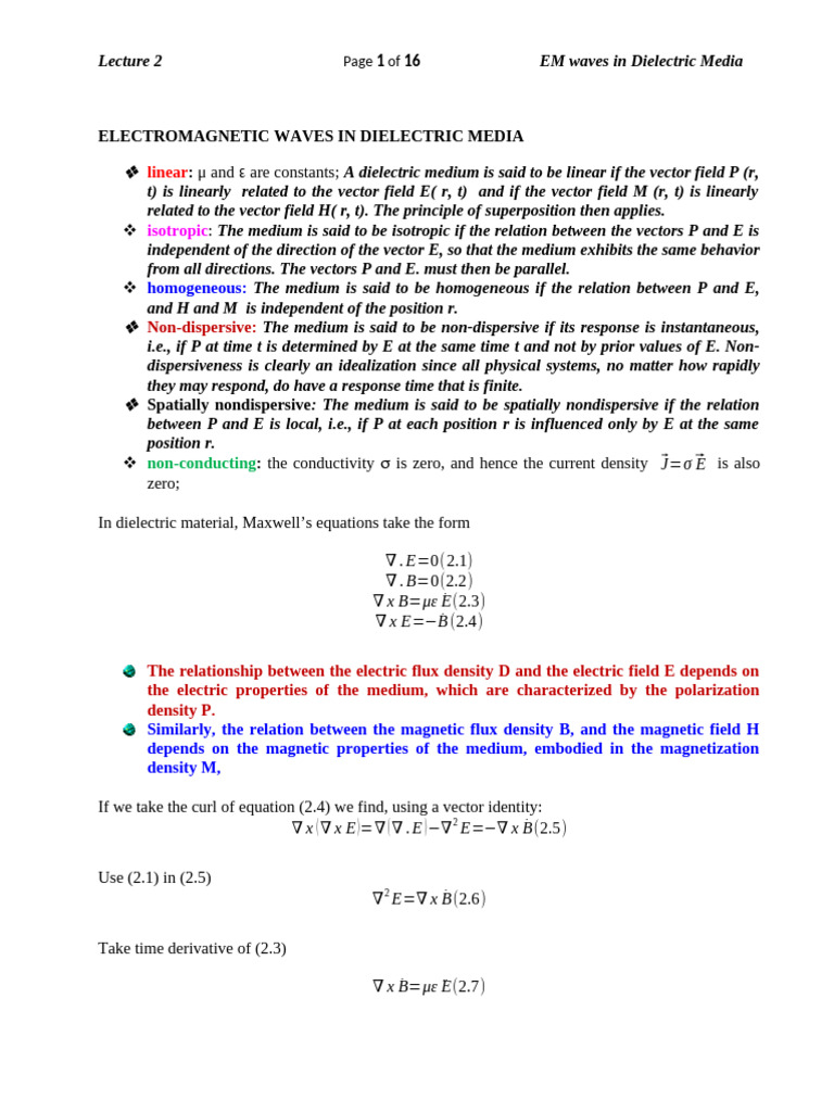 Lecture 2 - EM Wave in Dielectric Materials | PDF | Dispersion (Optics ...