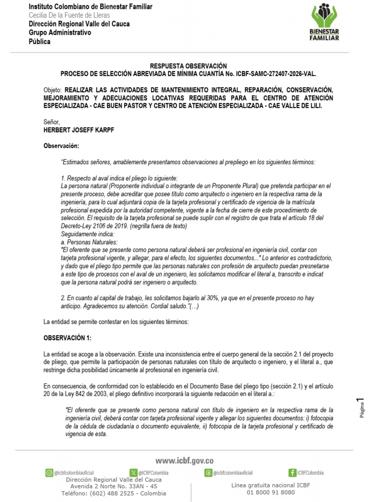 Respuesta Observacion 4 Samc No. Icbf Samc 272407 2026 Val | PDF