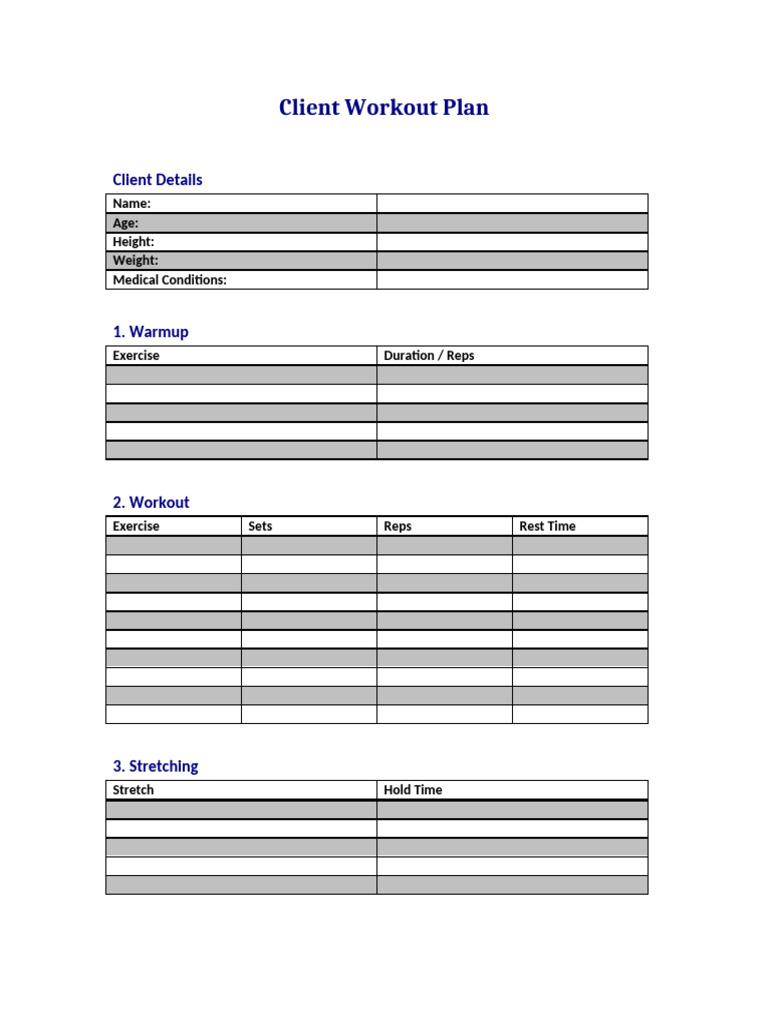 Client Workout Plan Navy Blue Theme | PDF
