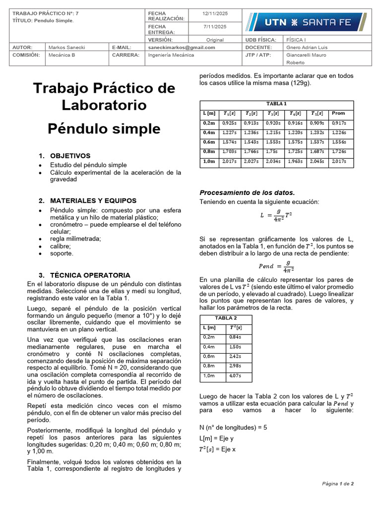 TP N°7 Pendulo Simple | PDF | Péndulo | Oscilación