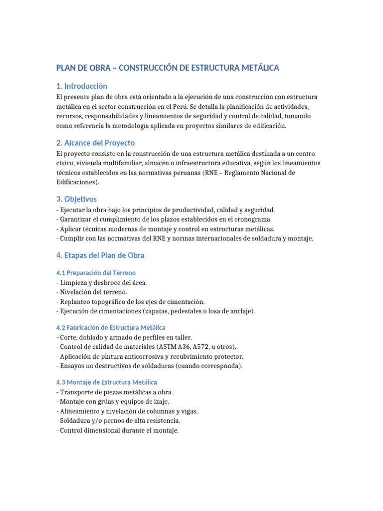 Plan de Obra Estructura Metalica | PDF | Soldadura | Construcción