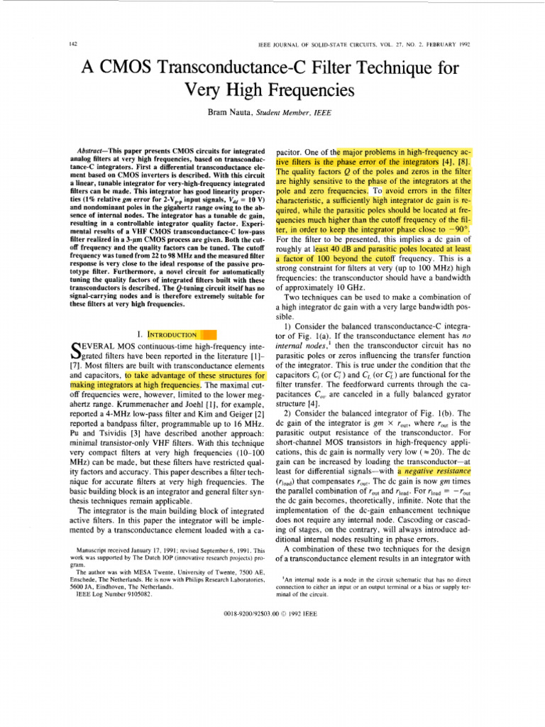 A CMOS Transconductance-C Filter Technique For Very High Frequencies | PDF