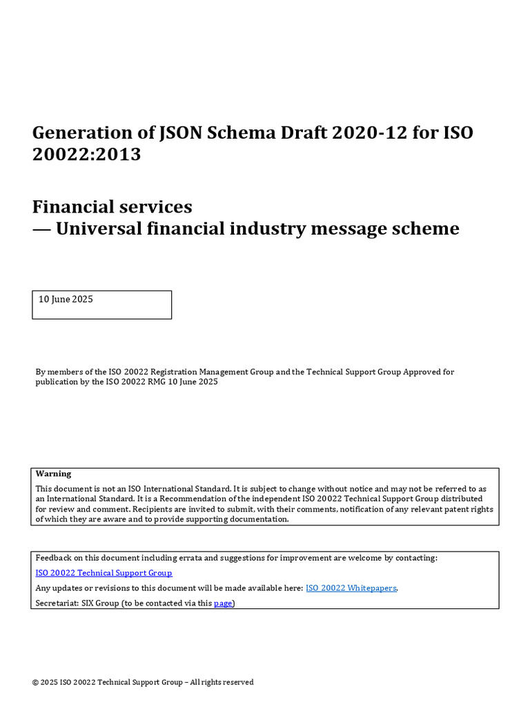 ISO 20022 Generation of JSON Schema Draft 2020 12 For ISO 20022 2013 ...