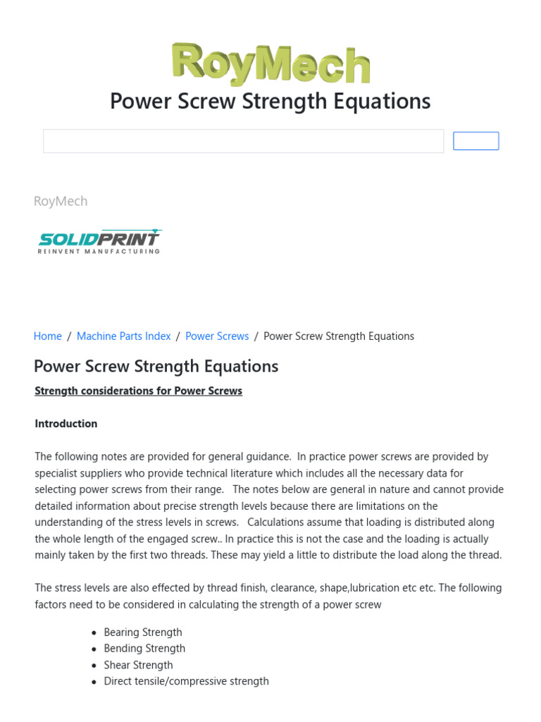 Power Screw Strength Equations - RoyMech | PDF