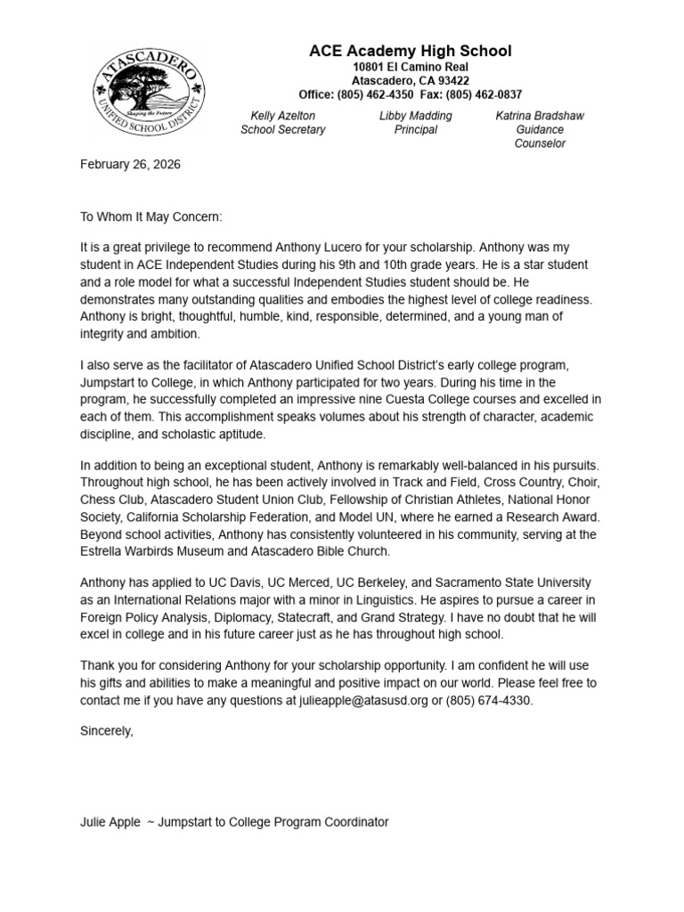 Anthony Lucero Letter of Recommendation | PDF
