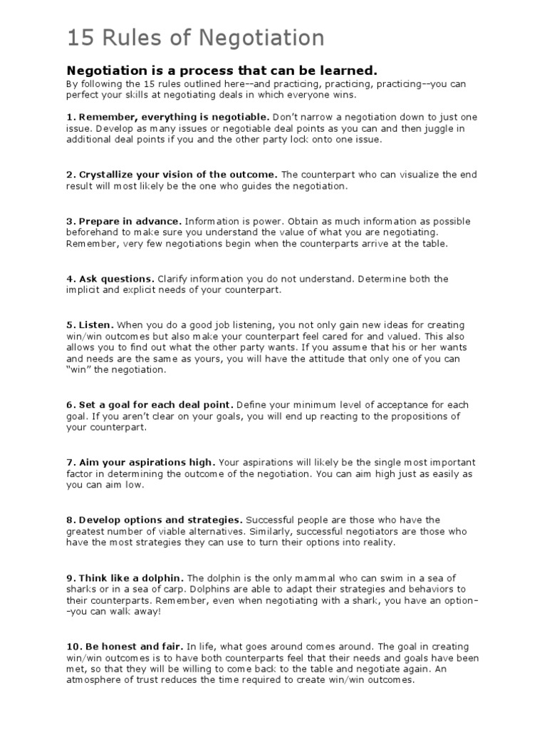 15 Rules of Negotiation Negotiation Trust (Emotion)