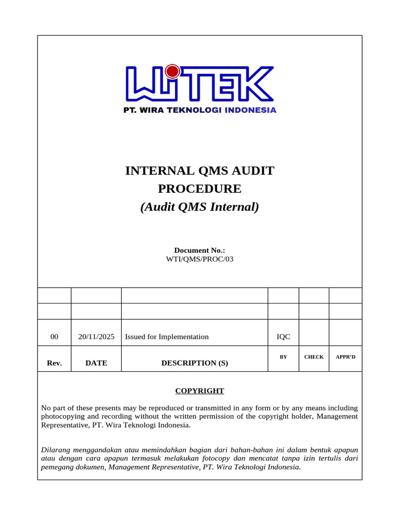 WTI - qms.PROC.03 Internal QMS Audit Procedure | PDF