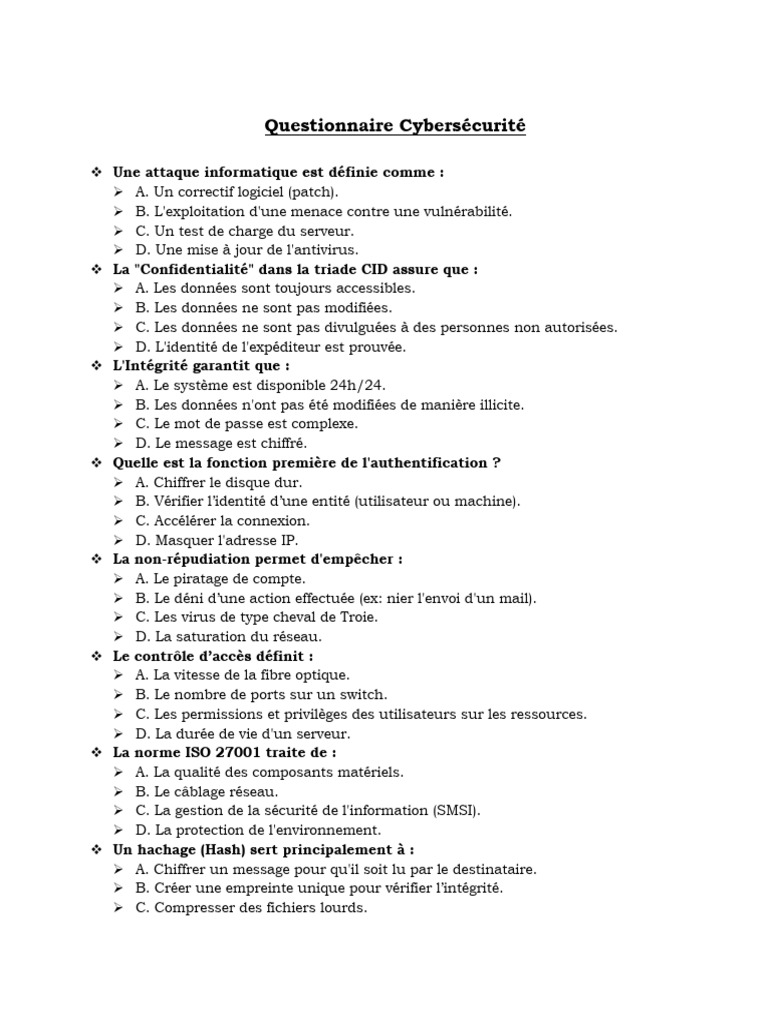 Questionnaire Cybersécurité | PDF | Protocoles Internet | Public-key ...