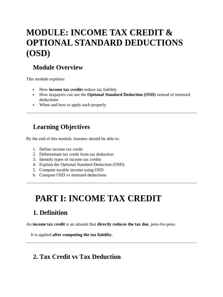 Income Tax Credit & Optional Standard Deductions (Osd) | PDF | Tax ...