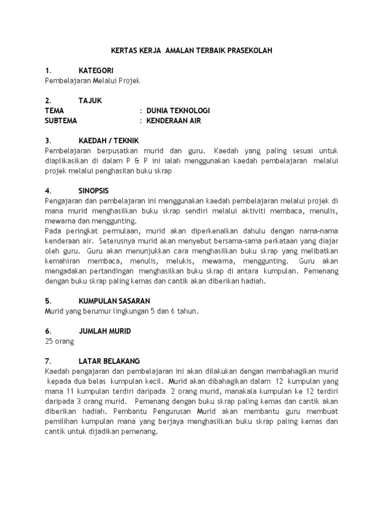 Kertas Kerja Amalan Terbaik Prasekolah