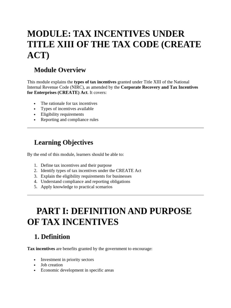 Tax Incentives Under Title Xiii of The Tax Code (Create Act) | PDF ...